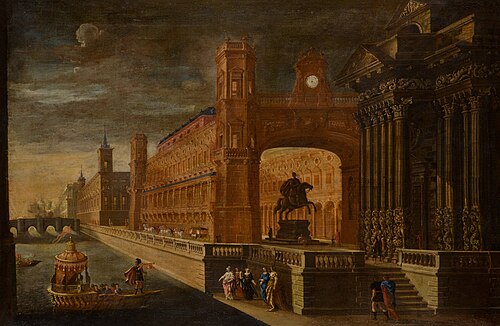 Architectural capriccio, with Aeneas's arrival in Carthage in the foreground, 1670, Vicente Giner