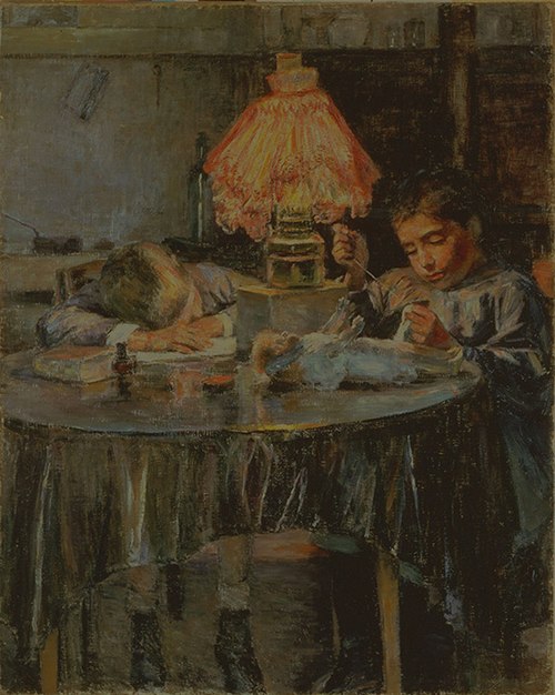 Lamp and Two Children, 1891, Kuroda Seiki