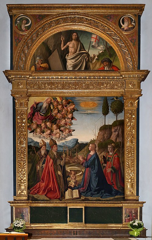 Immaculée conception avec le Dieu le père en gloire et les saints Anselme, Augustin et Étienne, 1500, Marco Palmezzano