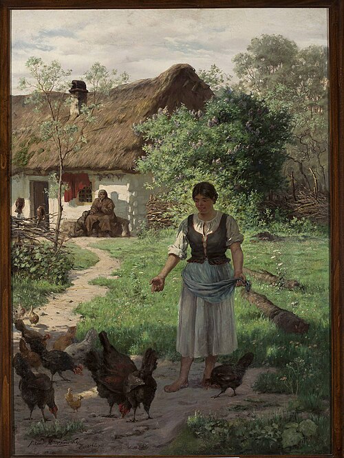Village girl feeding hens, 1888, Aleksander Mroczkowski