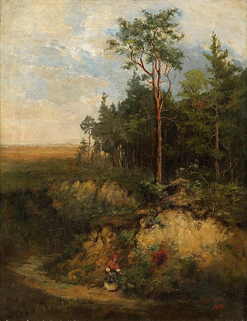 Krajobraz leśny z wędrującą kobietą., 1880, Aleksander Mroczkowski