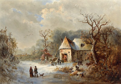 Winter landscape with figural staffage., 1877, Aleksander Mroczkowski