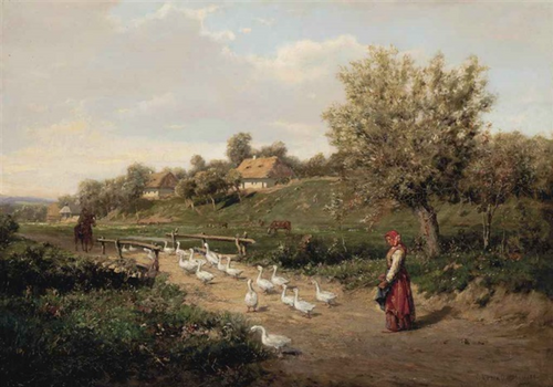 Droving geese across a bridge., 1888, Aleksander Mroczkowski