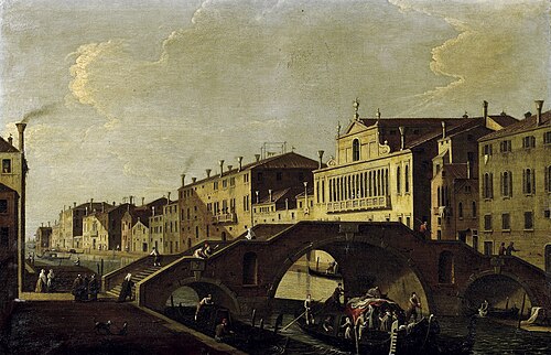 Venice, Cannaregio with the Ponte Tre Archi and Palazzo Valier., 1750, Bernardo Canal