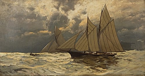 S.M.Y. "Meteor" im Rennen mit einem Segelkutter, 1906, Carl Saltzmann