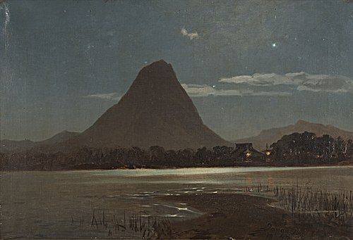 Japan, Binnlandsee mit erleuchtetem Tempel am Ufer und Vulkanberg, 1879, Carl Saltzmann