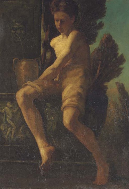 Young boy seated by a fountain, , Herbert Draper