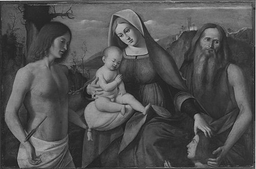 Madonna and Child, Saints Jeronimo, Sebastian und a donor, 1500, Marco Basaiti