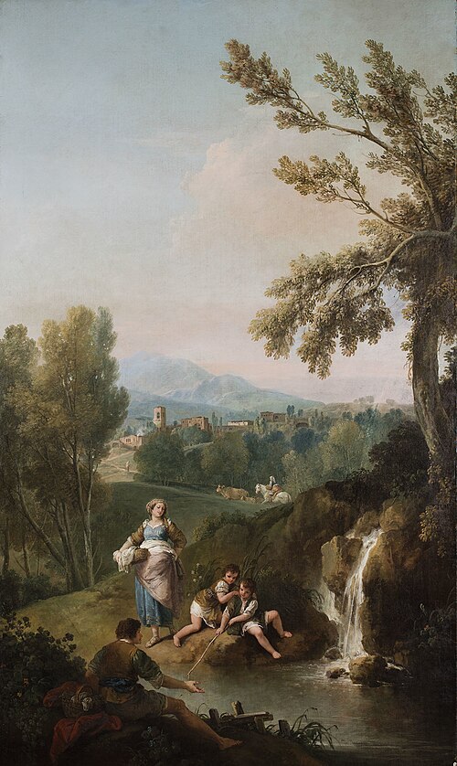 Hilly Landscape with two Children Fishing Watched by a Standing Woman and a Seated Man, 1743, Francesco Zuccarelli