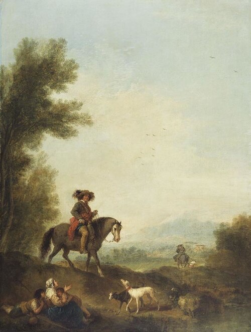 Landscape with Peasant Woman and Two Children Begging from a Cavalier, 1747, Francesco Zuccarelli