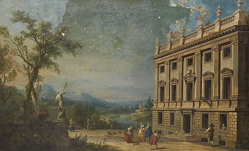River landscape with a view of Lindsay House, 1746, Francesco Zuccarelli