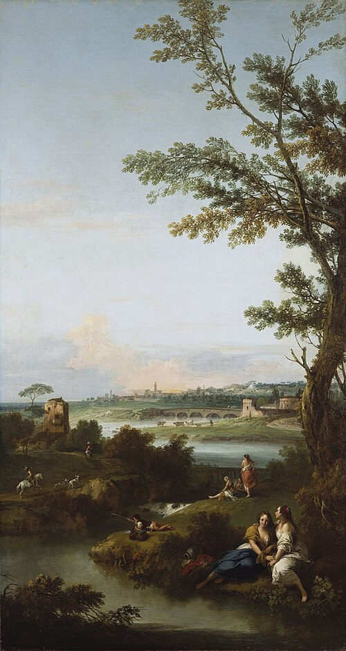 River Landscape with Two Seated Women Embracing, 1743, Francesco Zuccarelli
