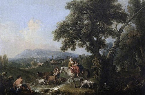 A Classical Landscape with Peasants fording a Stream, 1749, Francesco Zuccarelli