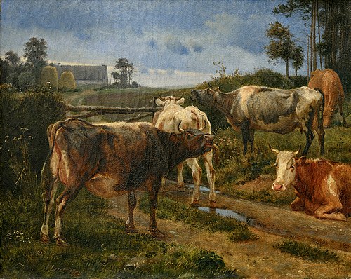 Bellowing cows by the fence gate, 1847, Johann Thomas Lundbye