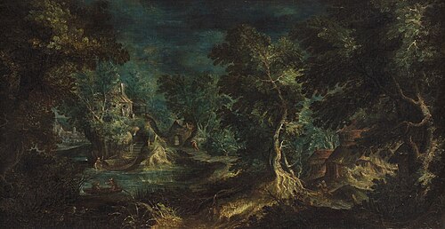 Boslandschap met gezicht op een dorp, 1600, Frederik van Valckenborch