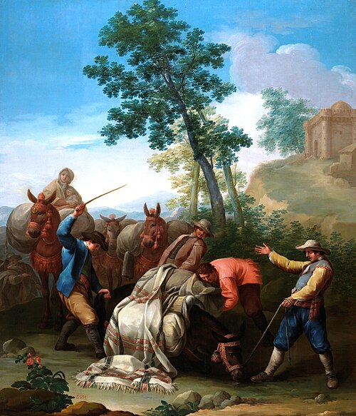 Un mulo caído con su carga y unos arrieros levantándolo, 1701, Andrés Ginés de Aguirre