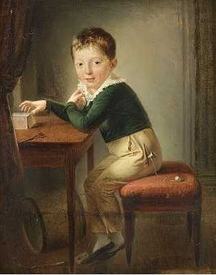 En lille dreng i blå jakke bygger et korthus, 1807, Per Krafft den yngre
