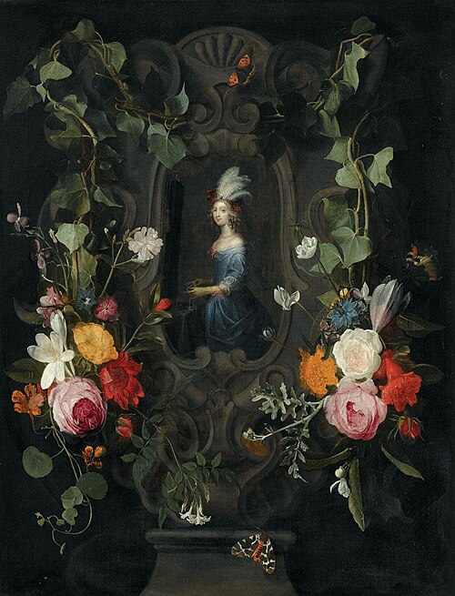 A garland of mixed flowers adorning a stone cartouche surrounding an allegory of vanity, 1650, Daniel Seghers