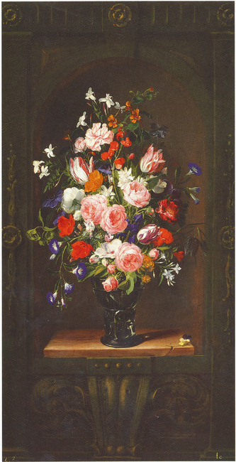 Flowers in a glass vase in a decorated niche, 1660, 1660, Daniel Seghers