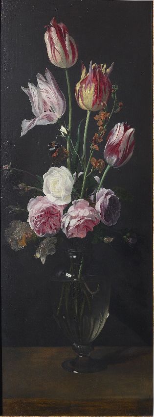 Roses, tulips and a wallflower in a glass vase, 1635-1667, 1650, Daniel Seghers