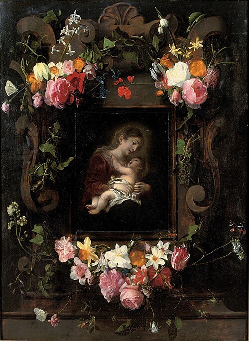 Cartouche and garlands surrounding Madonna and Child, 1640, Daniel Seghers