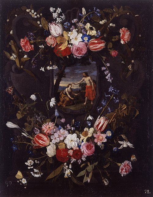 Garland of flowers with the 'Noli me tangere, 1617, Daniel Seghers