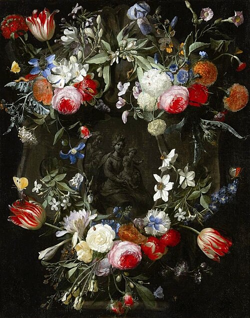 Holy Family in a wreath of flowers., 1640, Daniel Seghers
