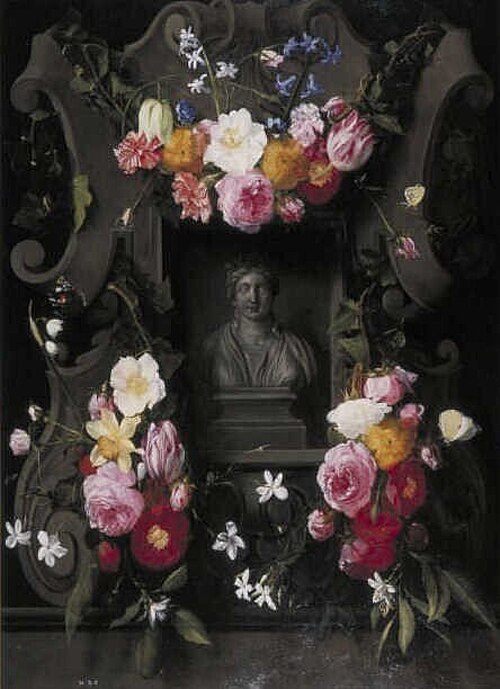 Flowers on a relief with a niche containing a bust of Flora, 1644, Daniel Seghers