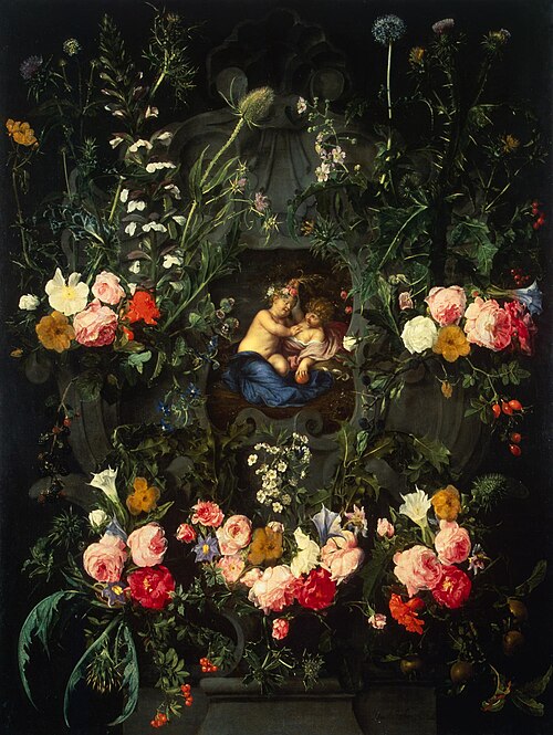 Garland of Flowers Around a Cartouche with Jesus and St John the Baptist as Children, 1630, Daniel Seghers