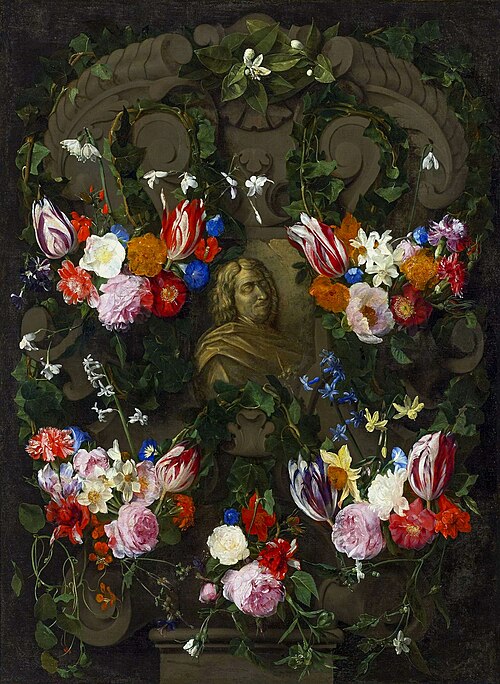 Cartouche avec le buste de Nicolas Poussin dans une guirlande de fleurs., 1650, Daniel Seghers