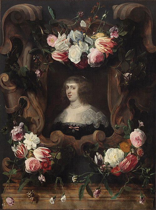 Cartouche decorated with flowergarlands surrounding a portrait of archduchess Maria Anna of Austria , 1650, Daniel Seghers