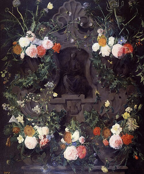A Garland of Flowers on a Carved Stone Medallion, , Daniel Seghers