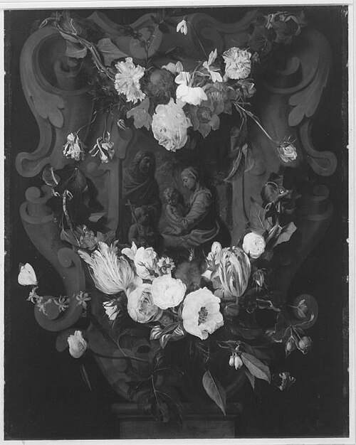 Sculpted cartouche adorned with flowergarlands with a representation of the Holy family with the inf, 1650, Daniel Seghers
