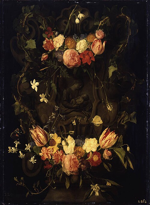 Sculpted cartouche adorned with flowergarlands with a representation of the Virgin and Christ-child, 1652, Daniel Seghers