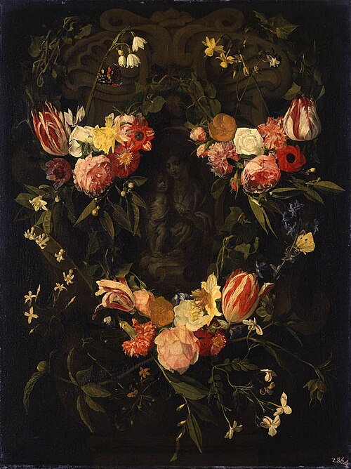 Sculpted cartouche adorned with flowers with a representation of the Virgin and Christ Child, 1652, Daniel Seghers