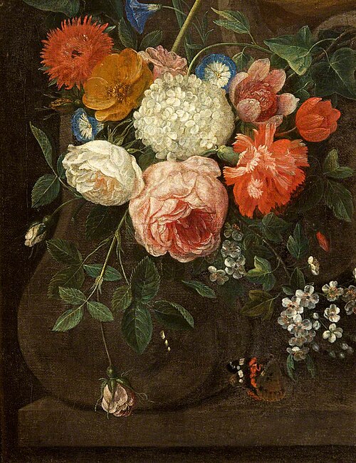 Called Roses in a Glass Bowl (actually the left fragment of a garland against grisaille stone), 1650, Daniel Seghers