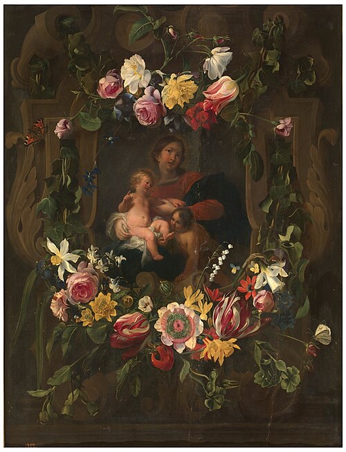 Sculpted cartouche adorned with flowers with a representation of the Virgin and Child with Saint Joh, 1601, Daniel Seghers