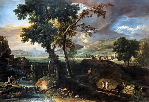 Paysage avec ruisseaux, moines et lavandières, 1715, Marco Ricci