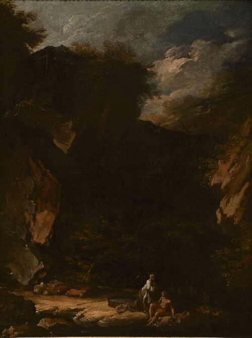 A rocky landscape with figures, , Marco Ricci
