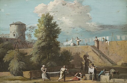 The Outskirts of a Town with Women Washing Linen, 1722, Marco Ricci