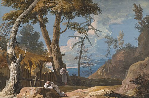 Landscape with two Praying Monks, 1729, Marco Ricci