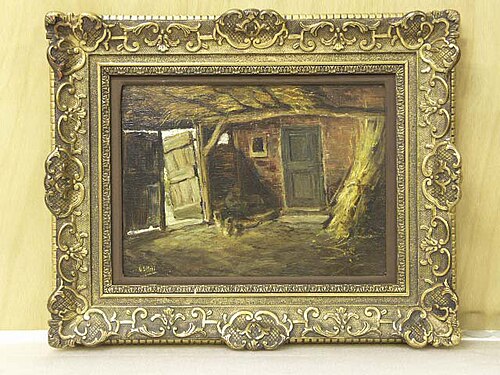 Interieur van schuur met oude openstaande deuren en korenschoof, , August Allebé