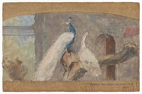 Ontwerp voor een dessus-de-porte: tak met pauw en andere vogels, 1874, August Allebé