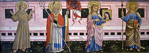 Francis of Assisi, St Herculanus, St Luke and Apostle Jacob the Elder, 1452, Bartolomeo Caporali