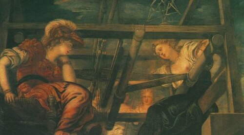 Arachne challenges Minerva in a weaving contest, 1580, Le Tintoret