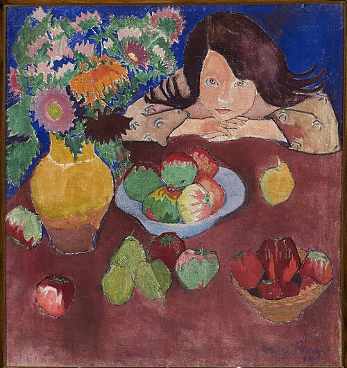 Little girl at a table with fruit, 1908, Romuald Kamil Witkowski