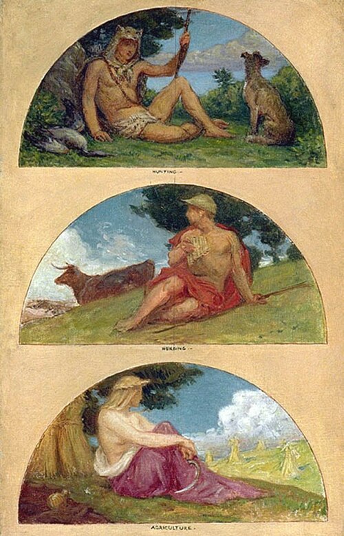 The Progress of Civilization: Hunting, Herding, Agriculture (mural study, State Capitol, Des Moines,, 1905, Kenyon Cox