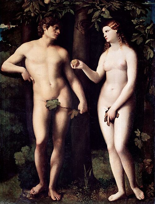 The Fall of Man: Eve offers the apple to Adam, 1511, Palma le Vieux