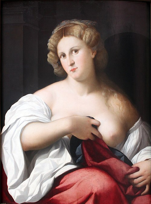 Portrait of a young woman with bare breast, 1525, Palma le Vieux
