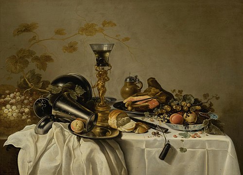 Still life with bekerschroef, pewter, ham, fruit in a Wanli bowl, 1700, Roelof Koets